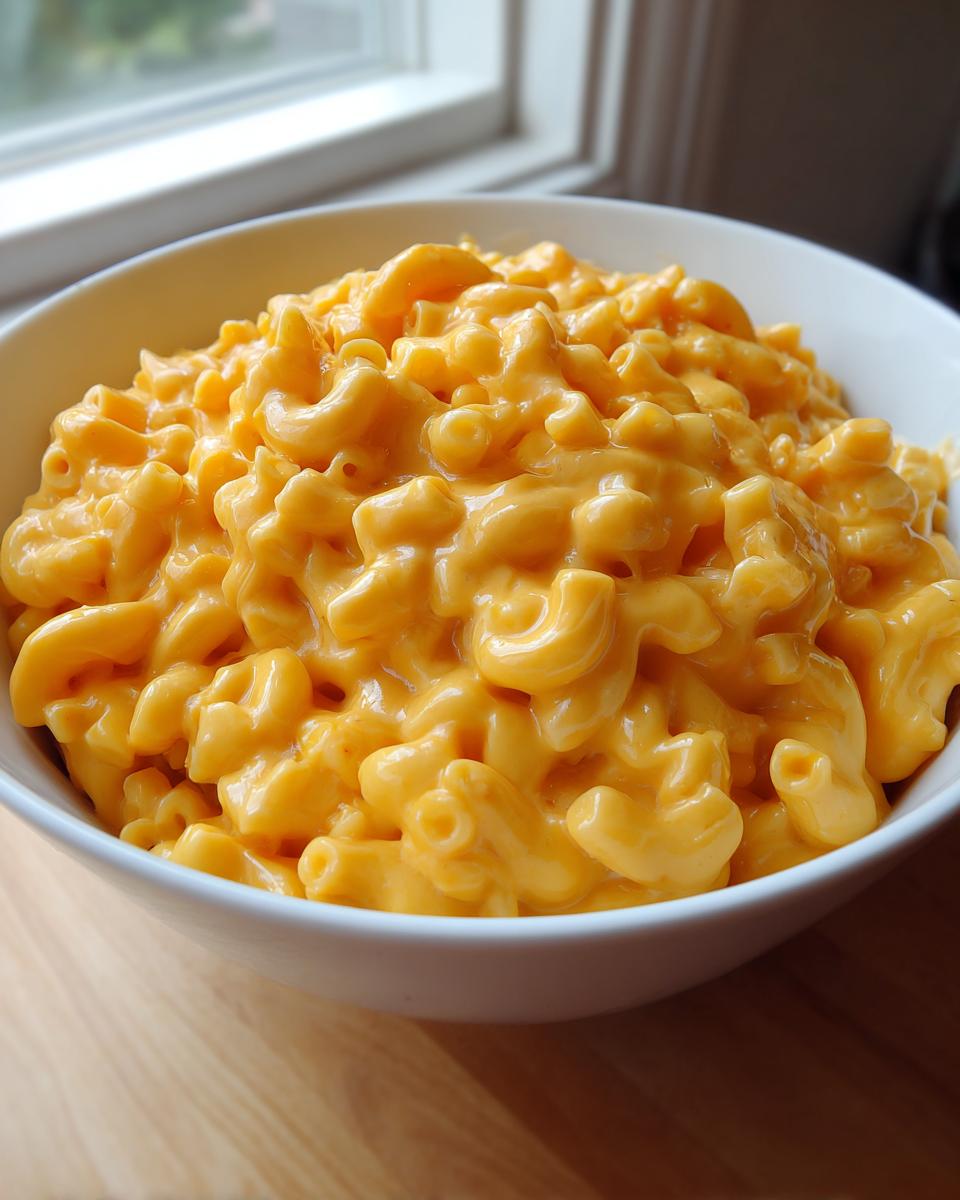 Close-up of a white bowl filled with creamy, bright orange easy homemade mac and cheese.