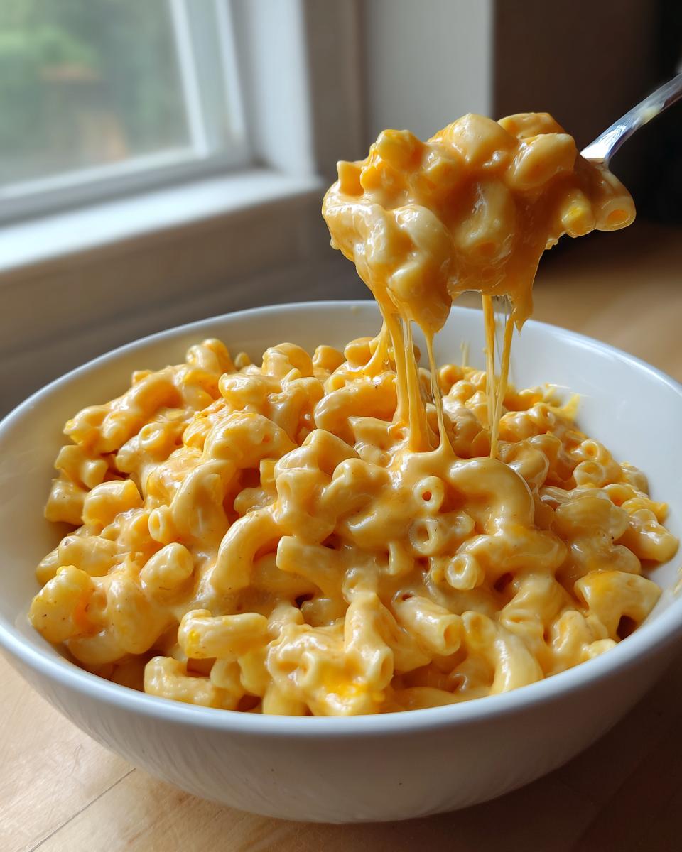 A spoonful of creamy, cheesy easy homemade mac and cheese being lifted from a white bowl, showing long cheese pulls.
