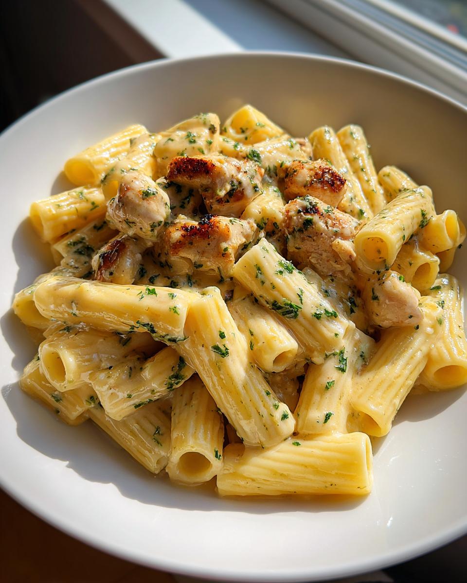 Close-up of creamy garlic butter chicken rigatoni pasta coated in a rich sauce and topped with parsley.