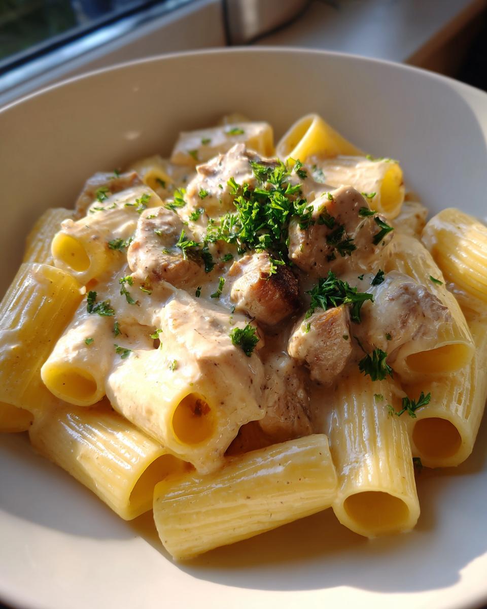 Close-up of creamy garlic butter chicken rigatoni pasta topped with fresh parsley in a white bowl.