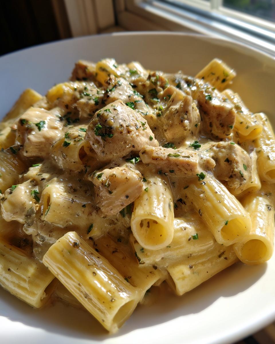 Close-up of creamy garlic butter chicken rigatoni pasta coated in a rich sauce and topped with parsley.