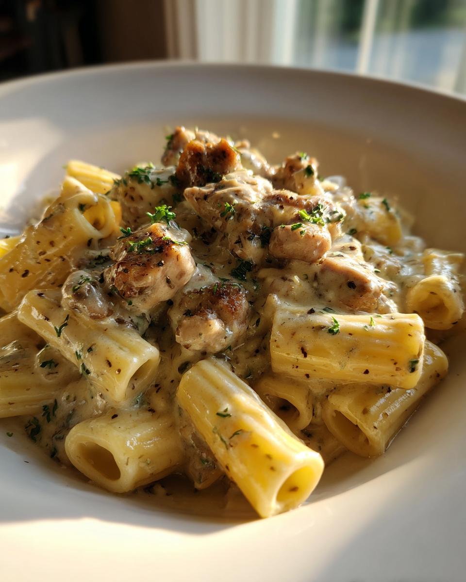 Close-up of creamy garlic butter chicken rigatoni pasta coated in a rich sauce and garnished with parsley.