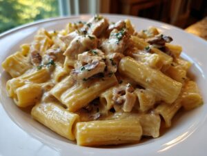 Close-up of creamy garlic butter chicken rigatoni pasta coated in a rich sauce and garnished with parsley.