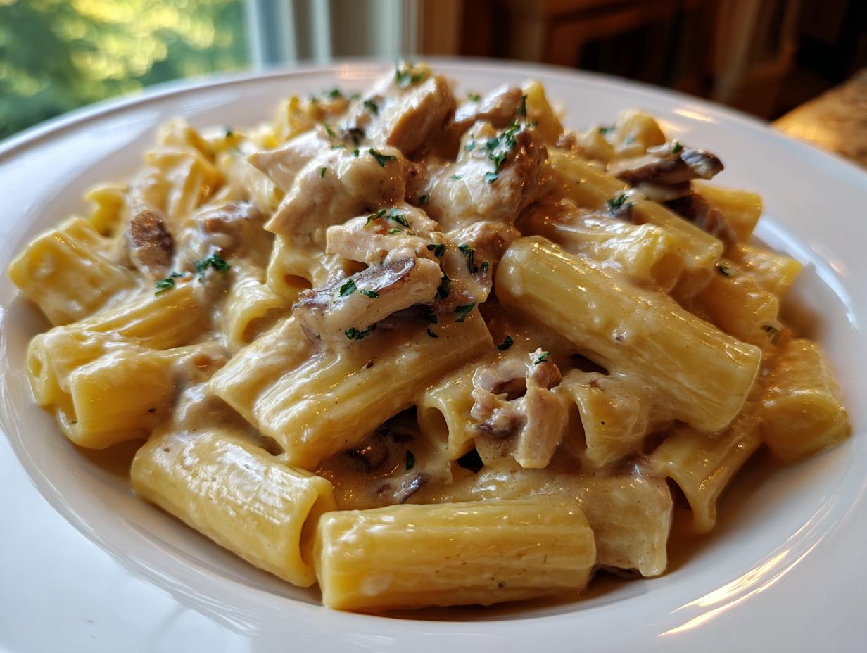Close-up of creamy garlic butter chicken rigatoni pasta coated in a rich sauce and garnished with parsley.