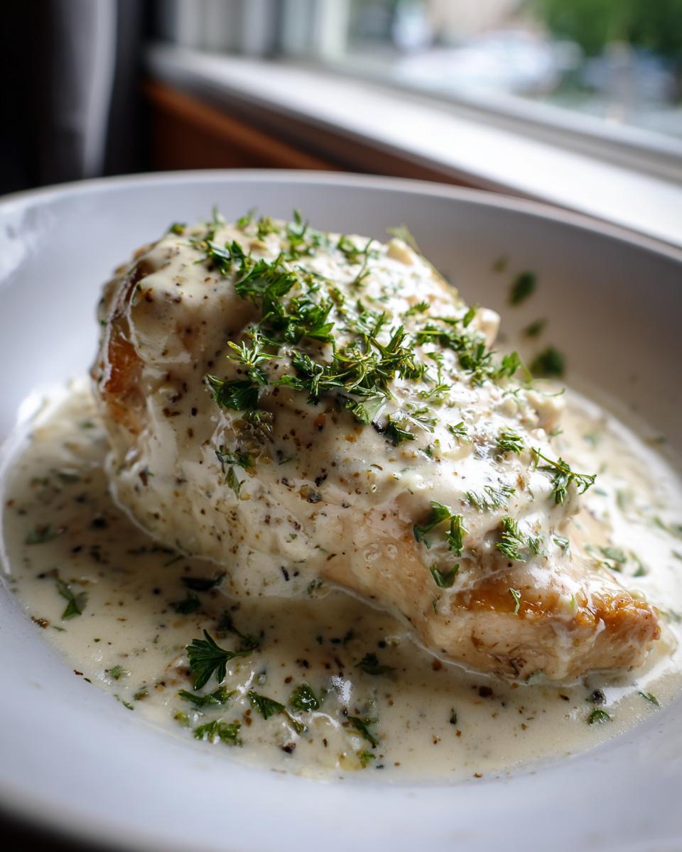 Close-up of a juicy chicken breast smothered in creamy garlic sauce and topped with fresh parsley.