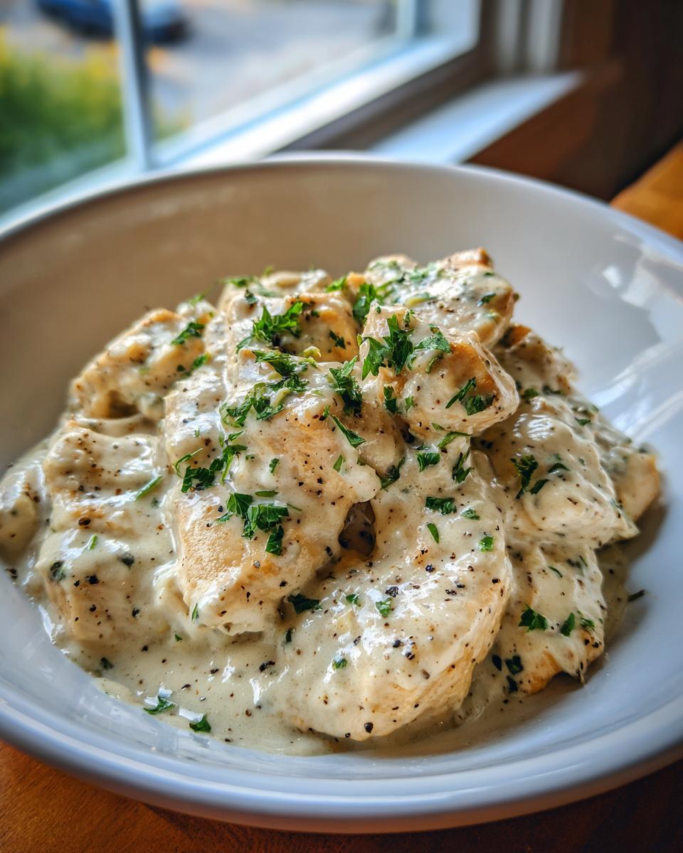 Close-up of tender chicken pieces smothered in a rich, creamy garlic sauce and topped with fresh parsley.
