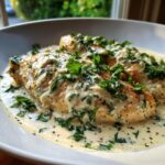 Two golden-brown chicken breasts smothered in a rich, creamy garlic sauce and topped with fresh parsley.
