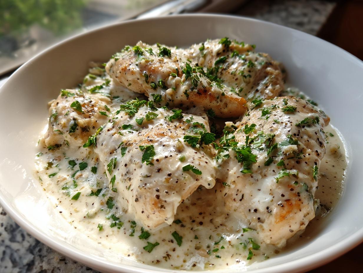Four pieces of pan-seared chicken breasts smothered in a rich, creamy garlic sauce and topped with fresh parsley, representing the creamy garlic chicken recipe.