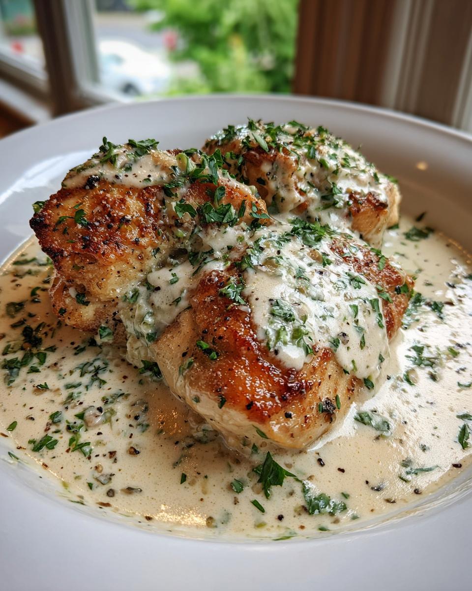 Two pieces of perfectly seared creamy garlic chicken smothered in a rich, creamy garlic sauce and topped with fresh parsley.
