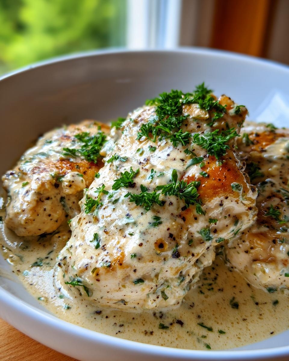 Three pieces of golden-brown chicken breasts smothered in a rich, creamy garlic sauce and topped with fresh parsley.