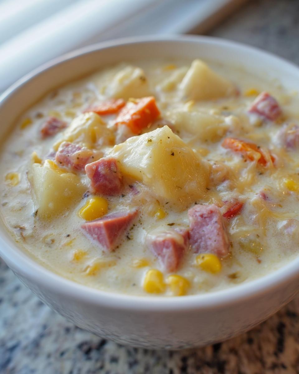 Close-up of a hearty bowl of creamy ham potato corn chowder, featuring visible chunks of ham, potatoes, and bright yellow corn.