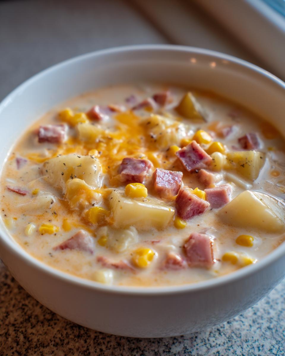 A close-up view of a hearty bowl of ham potato corn chowder topped with melted cheese and black pepper.