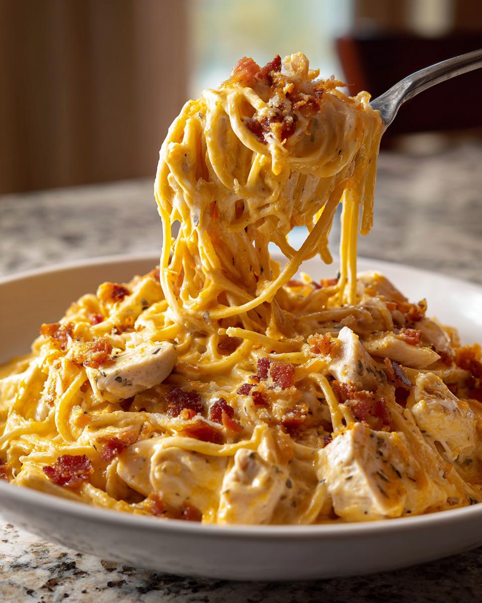 A fork lifting a twirl of creamy Monterey chicken spaghetti topped with bacon bits from a white bowl.