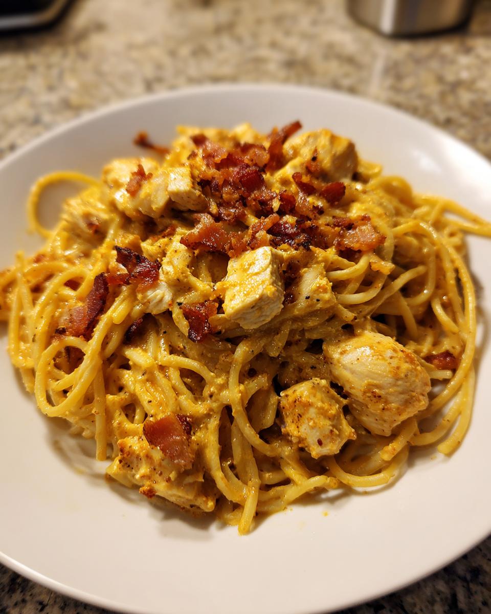 A close-up of a bowl of creamy Monterey chicken spaghetti topped generously with crumbled bacon pieces.