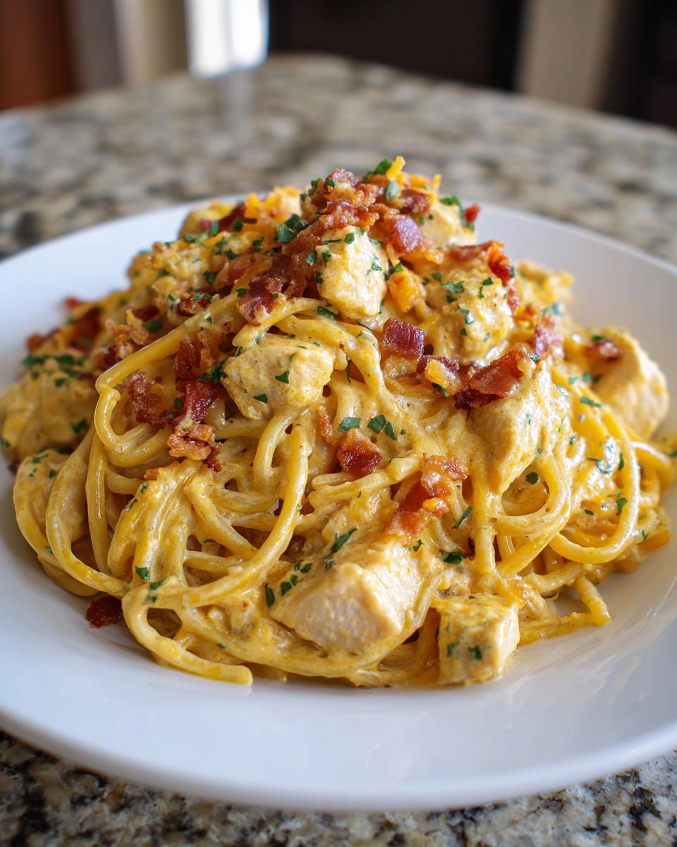 Close-up of creamy monterey chicken spaghetti tossed in a rich sauce, topped with bacon bits and parsley.