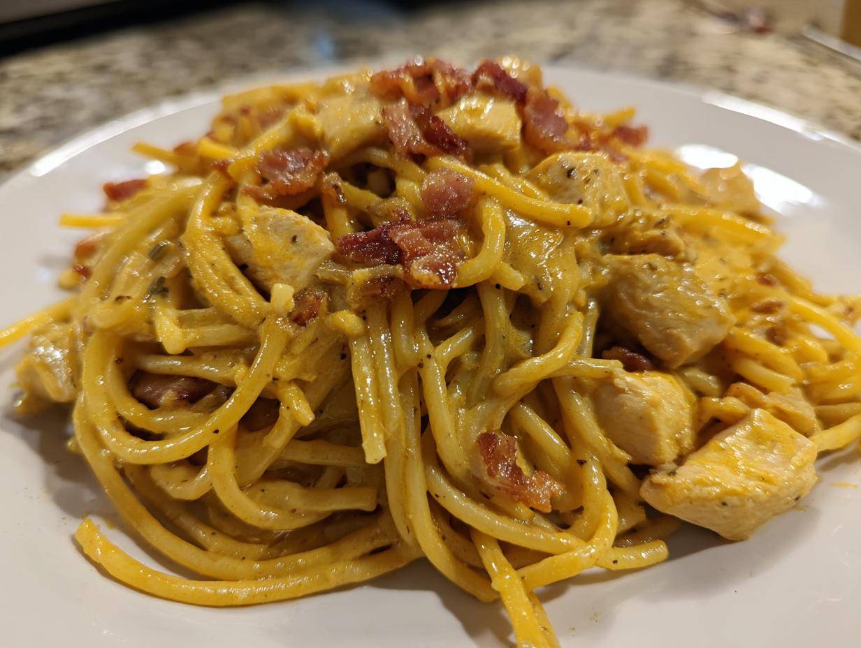 Close-up of a plate of rich, creamy monterey chicken spaghetti topped with crispy bacon pieces.
