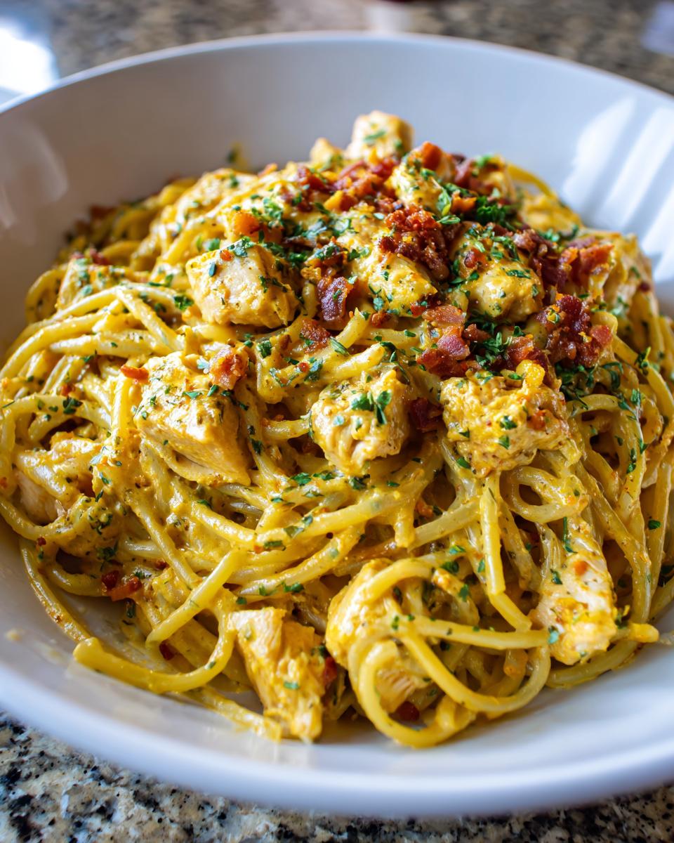 Close-up of a creamy, cheesy monterey chicken spaghetti topped with bacon bits and parsley.