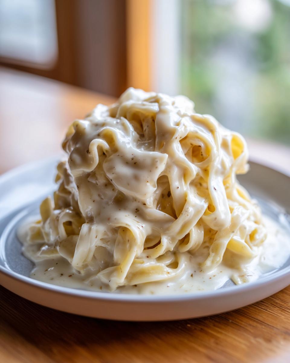 A close-up of fettuccine pasta generously coated in rich, creamy sauce, resembling an olive garden alfredo copycat.