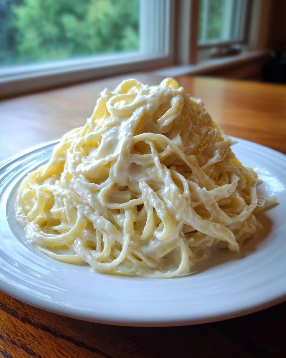 A generous serving of fettuccine noodles coated in rich, creamy sauce for an olive garden alfredo copycat recipe.