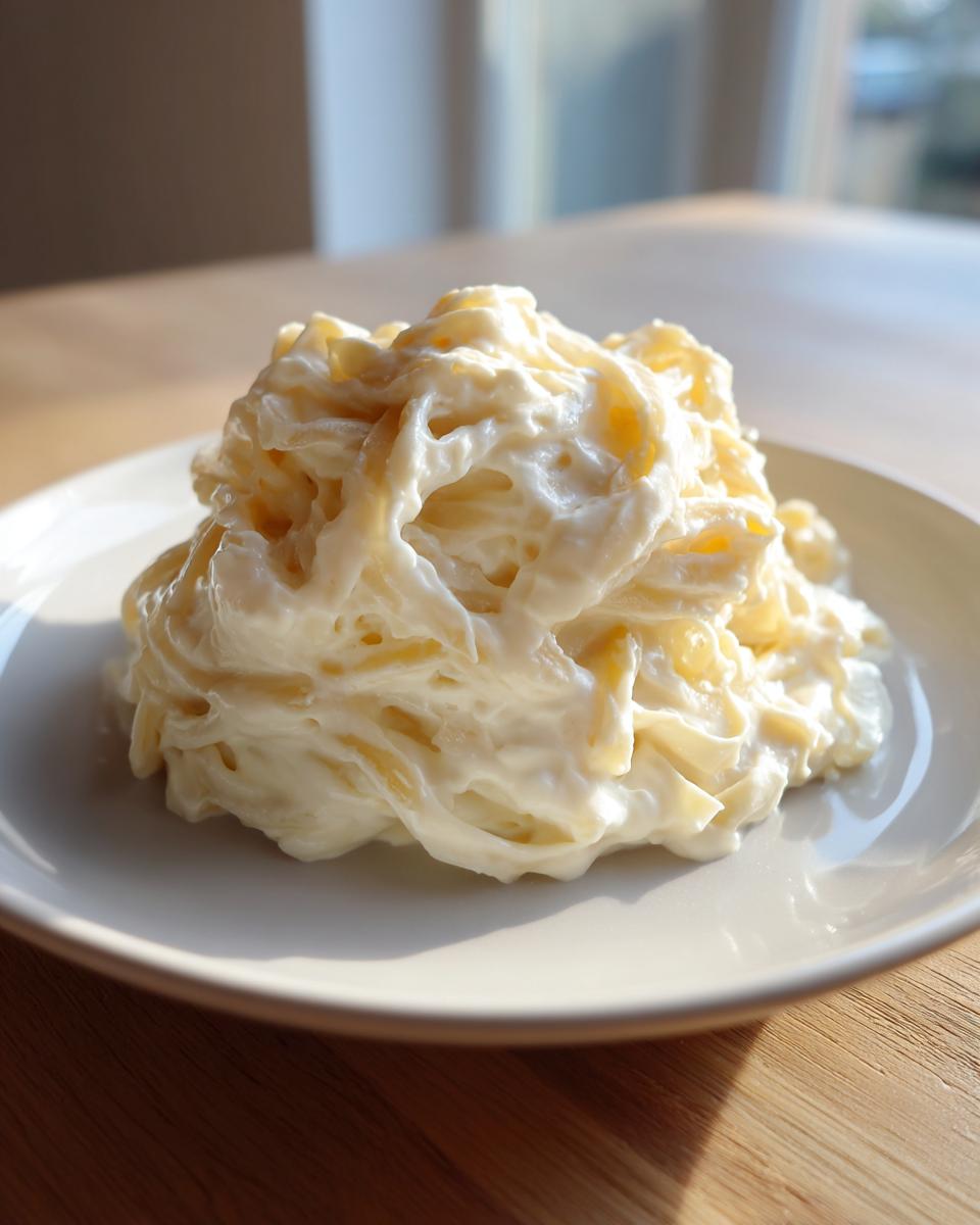 A mound of fettuccine pasta coated thickly in creamy white sauce, representing the olive garden alfredo copycat recipe.