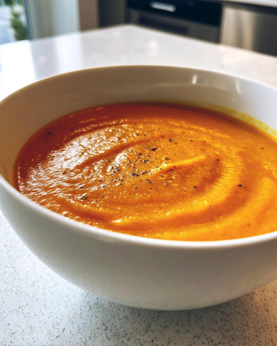 Close-up of creamy, bright orange panera butternut squash soup topped with cracked black pepper in a white bowl.