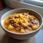 A close-up of a bowl filled with creamy potato hamburger soup topped generously with melted cheddar cheese.