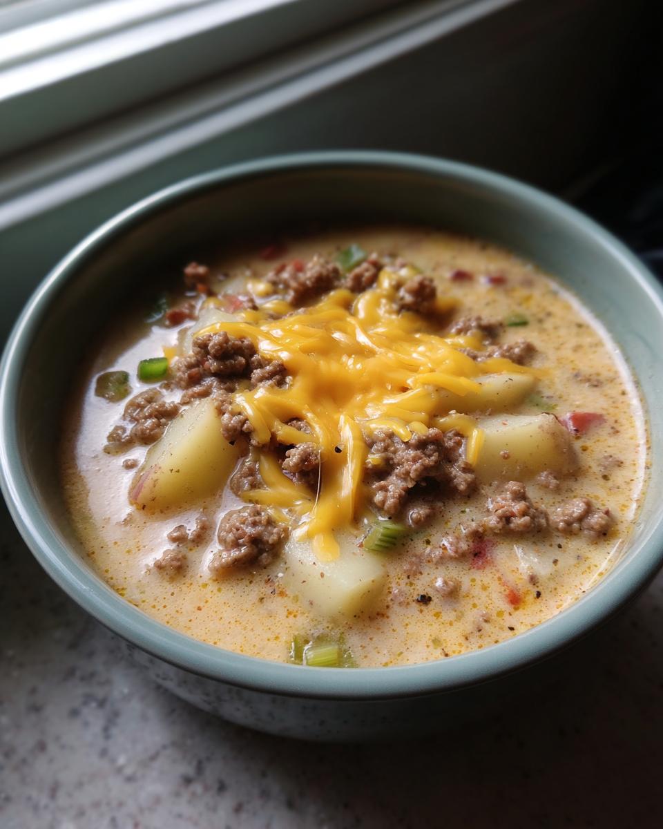 Close-up of a bowl of creamy potato hamburger soup topped with ground beef and melted cheddar cheese.