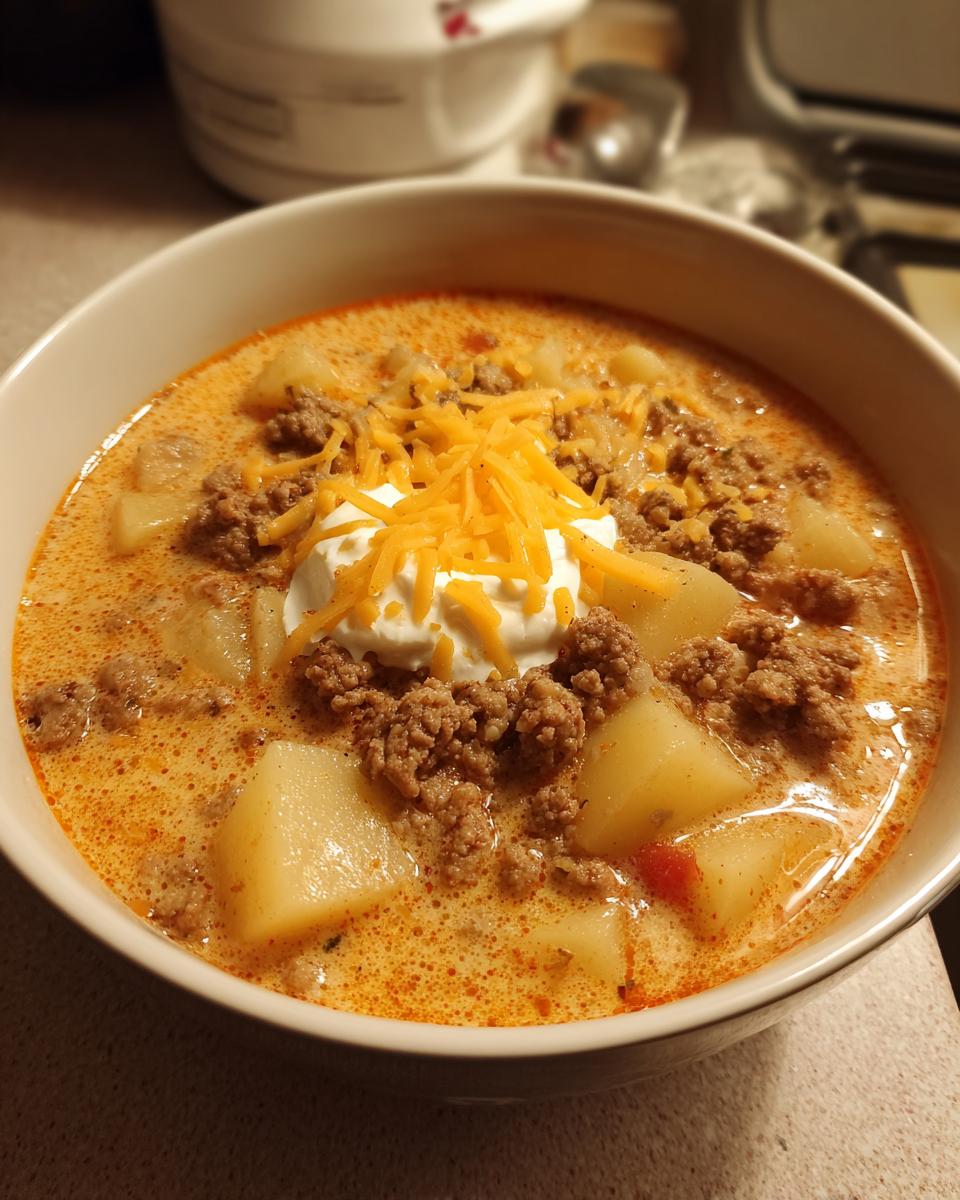 A close-up of a bowl of creamy potato hamburger soup, topped with ground beef, sour cream, and shredded cheddar cheese.