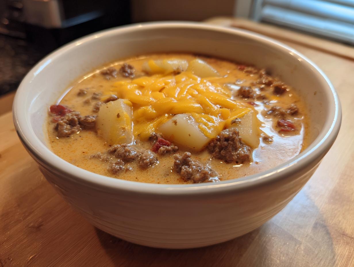 Close-up of a white bowl filled with creamy potato hamburger soup, topped with melted cheddar cheese and ground beef.