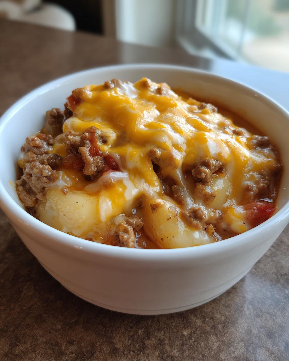 A close-up of a white bowl filled with creamy potato hamburger soup, topped generously with ground beef and melted cheddar cheese.