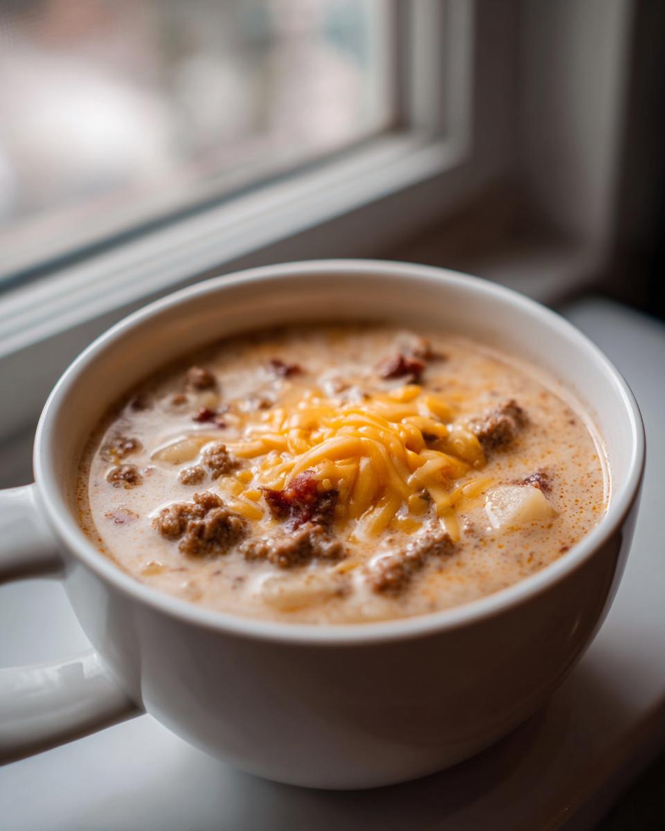 A white mug filled with creamy potato hamburger soup, topped with ground beef and shredded cheddar cheese.
