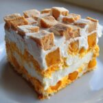 Close-up of a layered slice of creamy pumpkin trifle dessert showing orange pumpkin layers, white cream, and cubed cake topping.