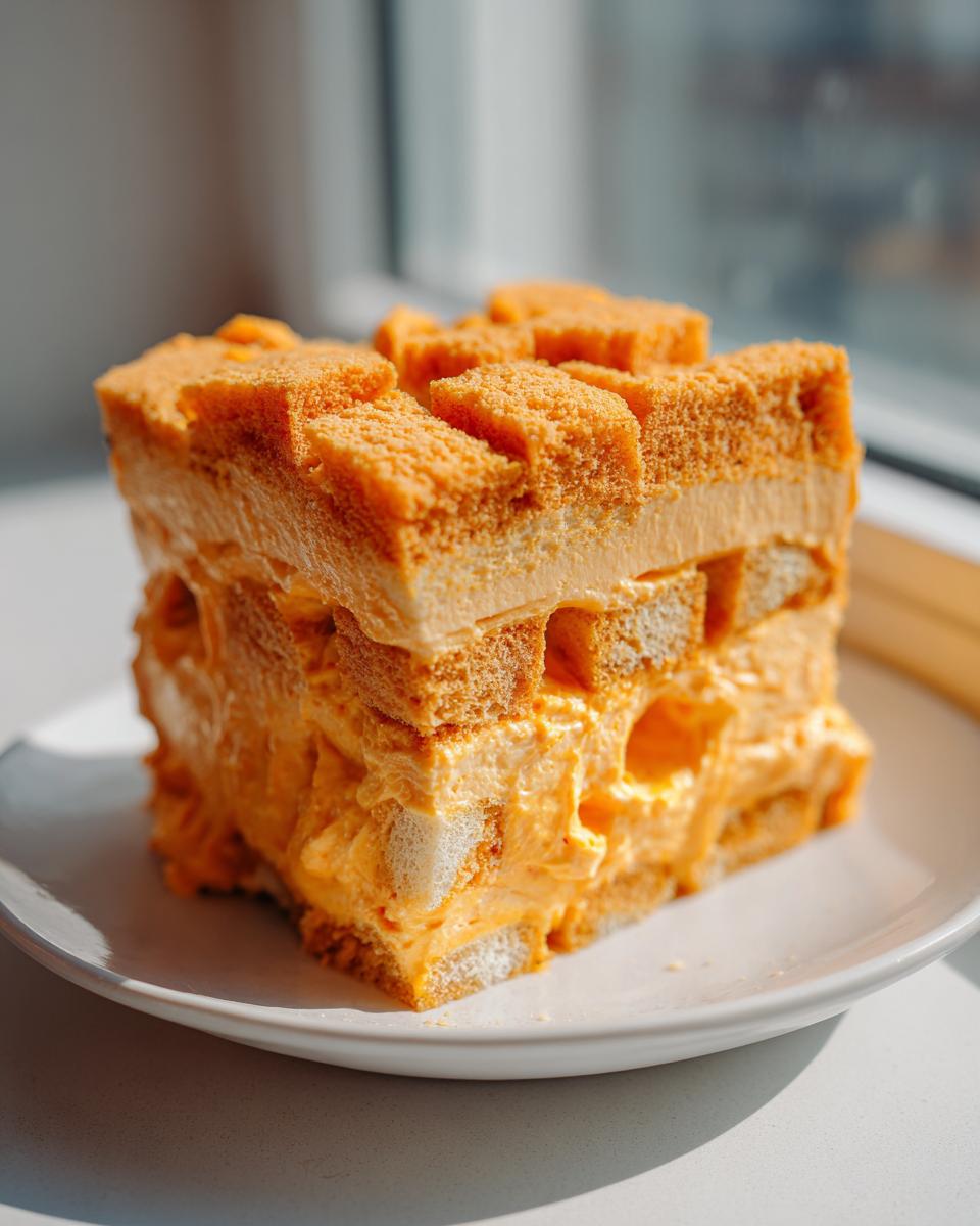 Close-up of a layered slice of creamy pumpkin trifle dessert showing ladyfingers soaked in orange cream.
