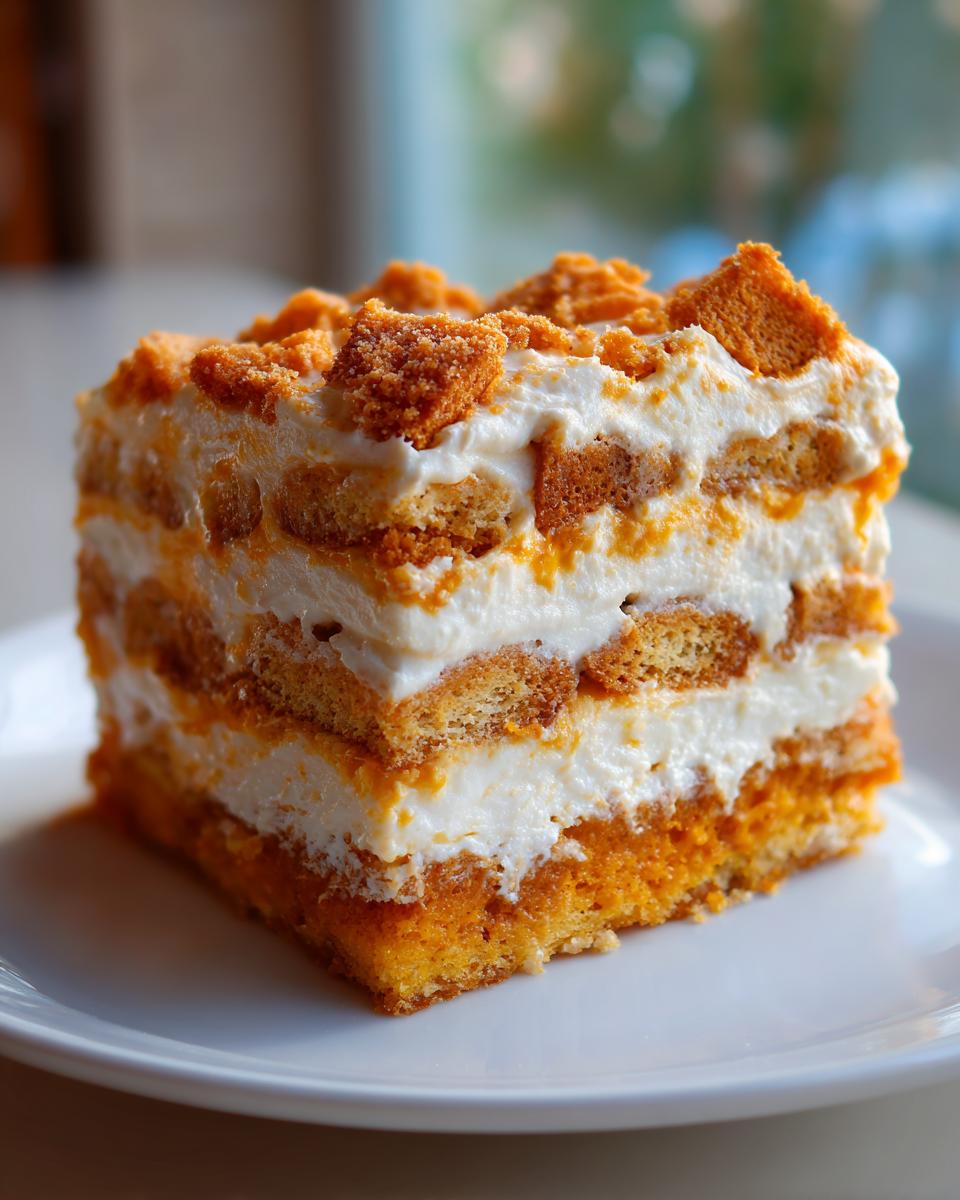 A square slice of creamy pumpkin trifle dessert showing layers of orange pumpkin filling, white cream, and ladyfingers, topped with cookie crumbs.
