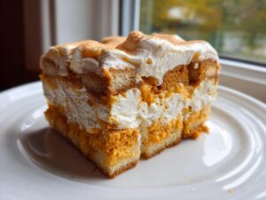 A close-up slice of a four-layer creamy pumpkin trifle dessert featuring pumpkin filling, whipped cream, and ladyfingers, dusted with cinnamon.