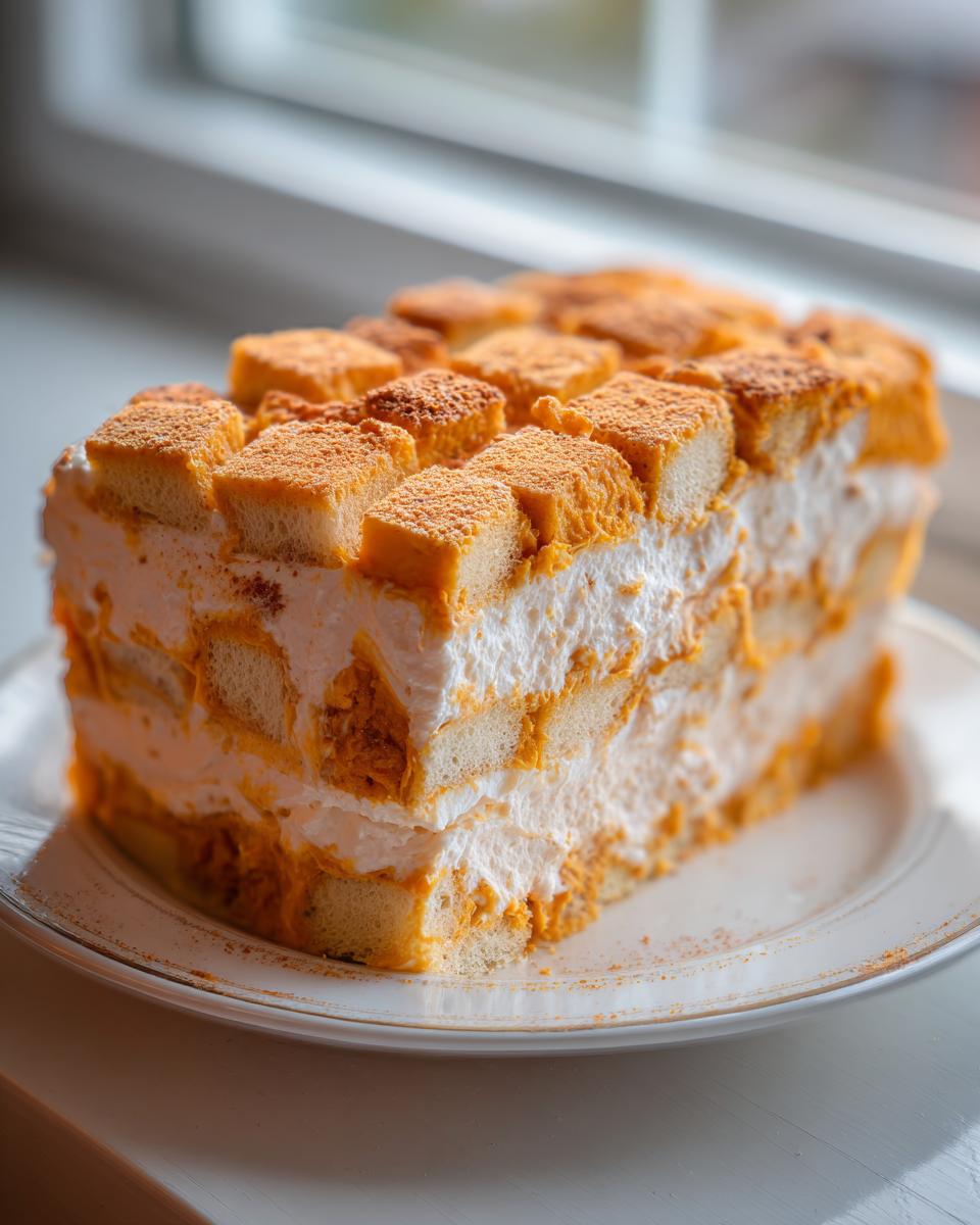A close-up view of a layered slice of creamy pumpkin trifle dessert featuring white cream and pumpkin-soaked ladyfingers.