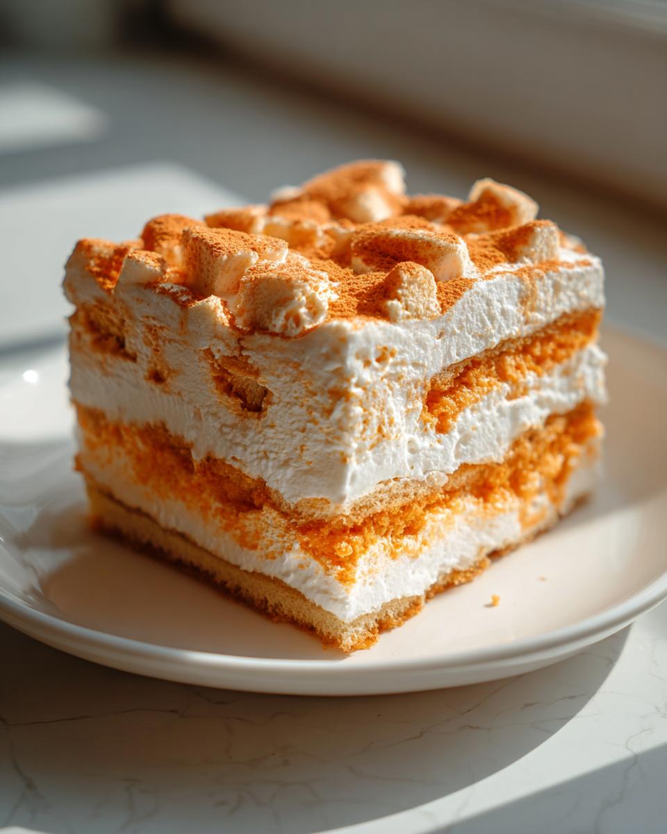 A square slice of creamy pumpkin trifle dessert showing layers of orange pumpkin filling, white cream, and cake, topped with spice.