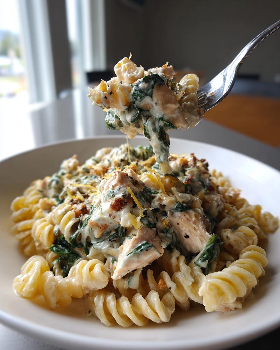 A fork lifting a bite of creamy ricotta chicken pasta mixed with spinach and topped with cheese.