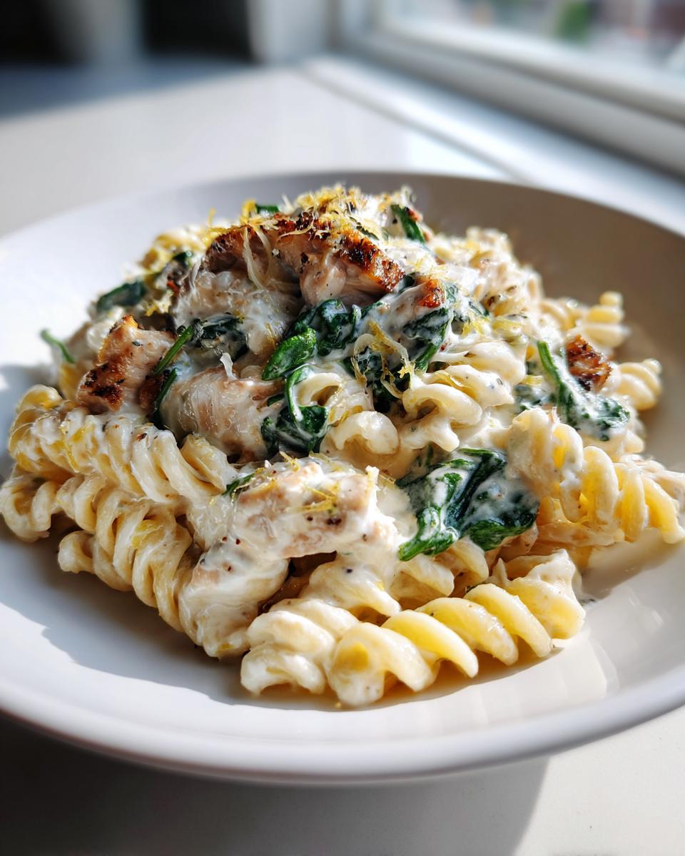 A close-up of creamy ricotta chicken pasta with spinach, topped with seared chicken pieces and lemon zest.