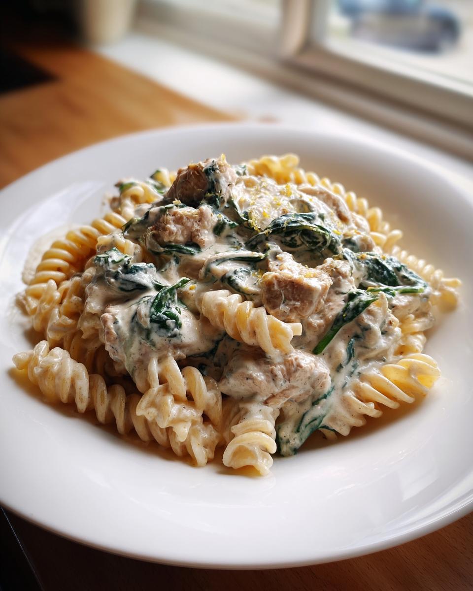 A close-up of creamy ricotta chicken pasta featuring fusilli, chunks of chicken, and wilted spinach, topped with lemon zest.