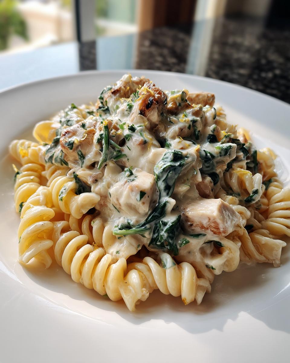 A close-up of creamy ricotta chicken pasta featuring fusilli noodles, chunks of chicken, and wilted spinach, topped with lemon zest.