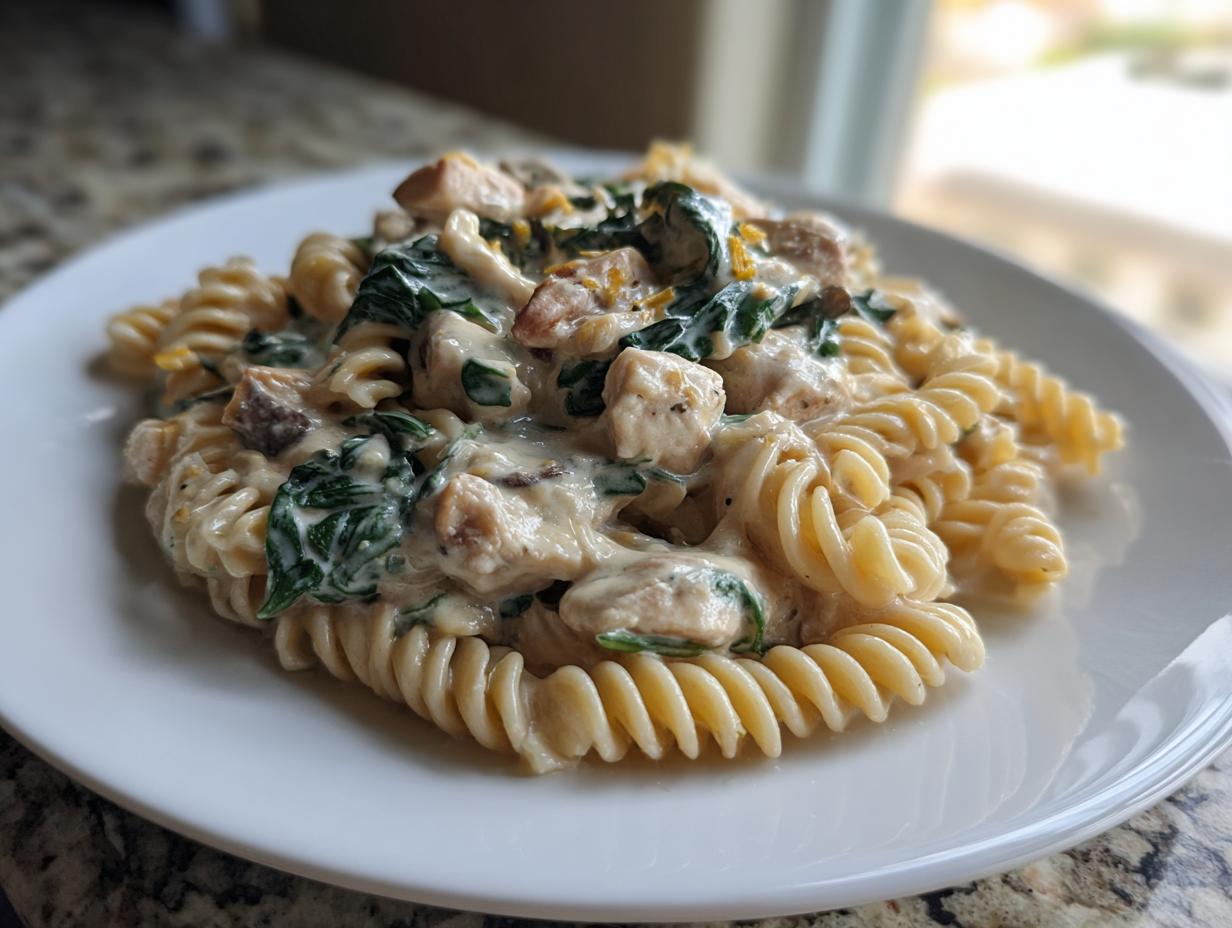 Close-up of creamy ricotta chicken pasta featuring fusilli noodles, chunks of chicken, and wilted spinach on a white plate.