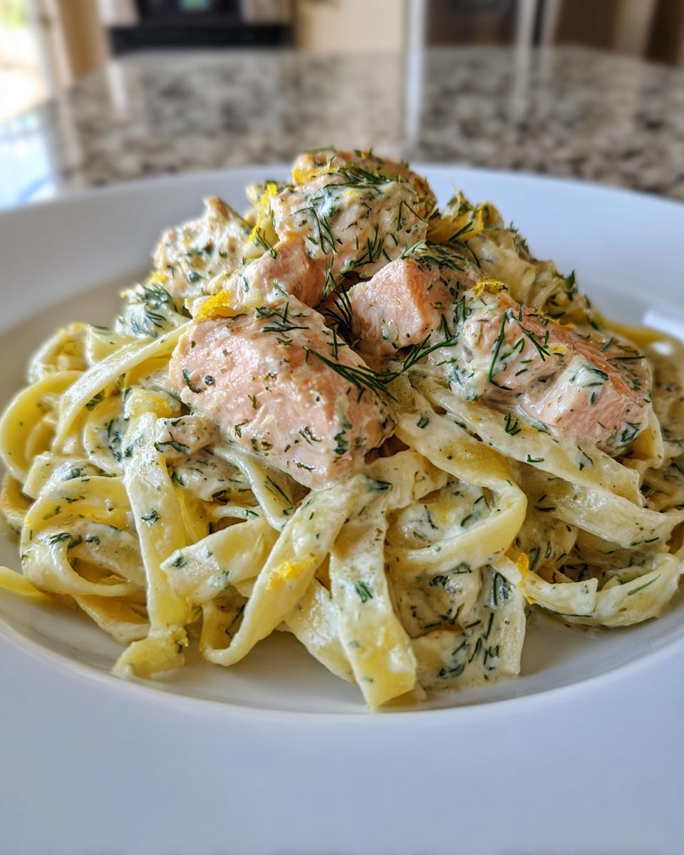 Close-up of creamy salmon pasta featuring fettuccine, chunks of pink salmon, fresh dill, and lemon zest.
