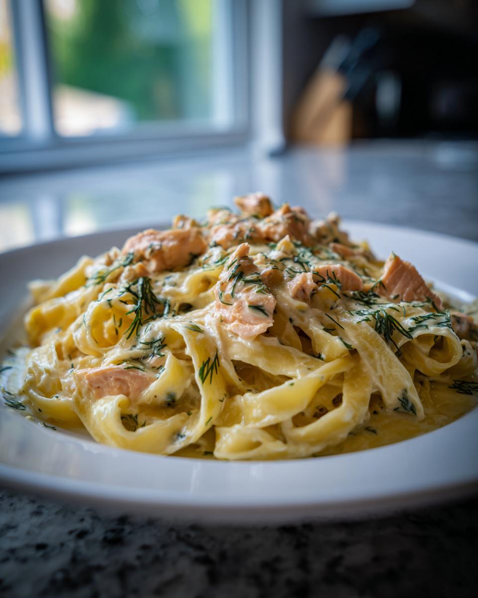 Close-up of creamy fettuccine salmon pasta topped generously with fresh dill.
