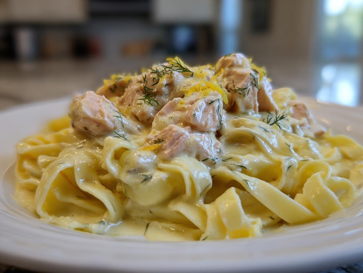 Close-up of creamy salmon pasta featuring fettuccine noodles, chunks of pink salmon, and garnished with fresh dill and lemon zest.