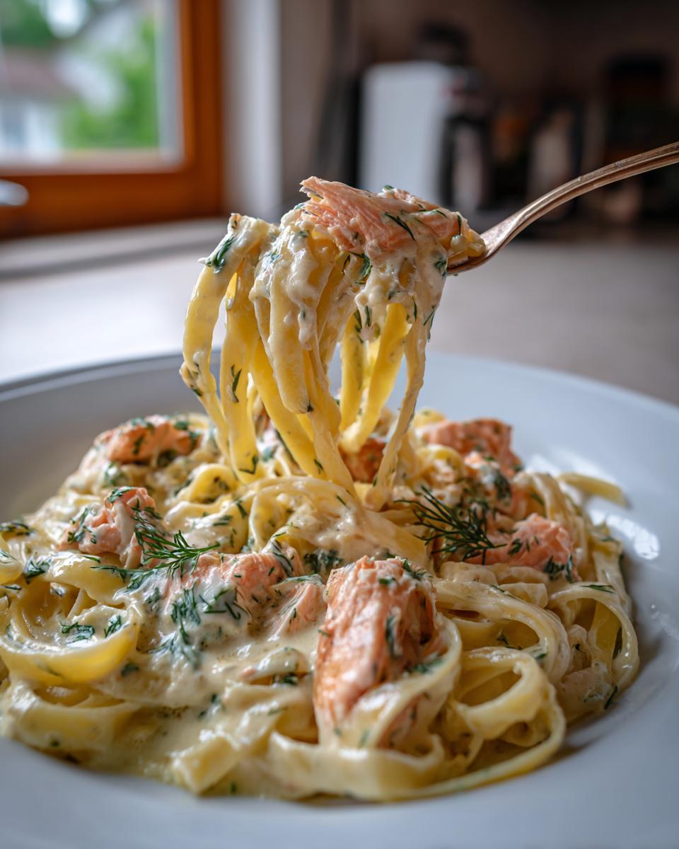 Close-up of creamy salmon pasta being lifted from a white bowl with a fork, showing chunks of salmon and fresh dill.