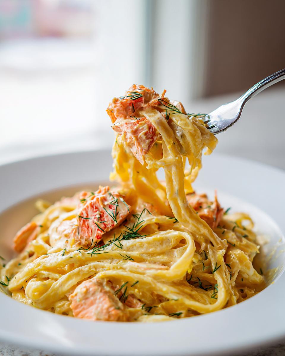 A fork lifting a twirl of creamy fettuccine mixed with chunks of salmon from a bowl of salmon pasta.