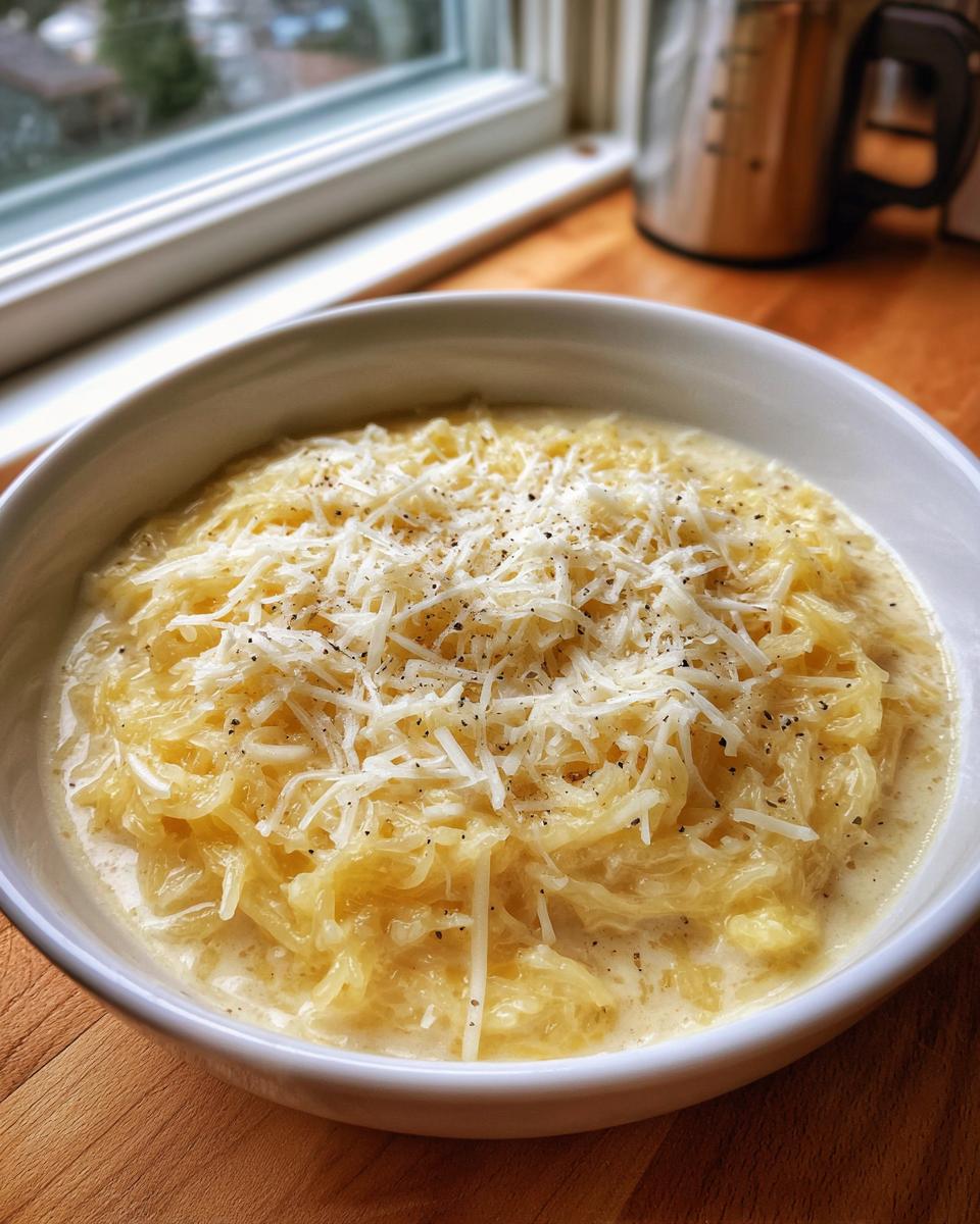 A bowl of creamy spaghetti squash soup topped generously with shredded Parmesan cheese and black pepper.