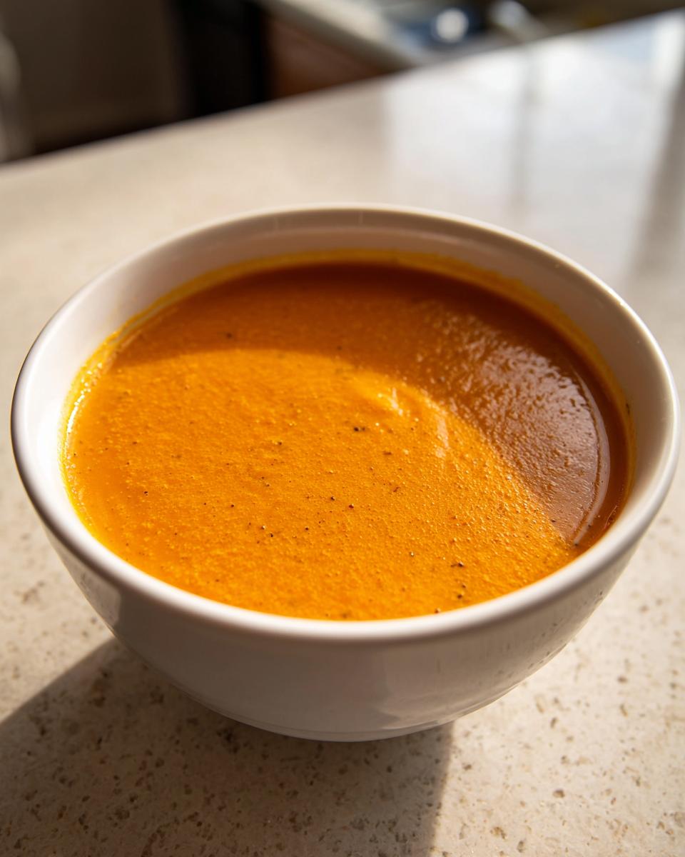 Close-up of a white bowl filled with vibrant orange, creamy squash soup, sitting on a light countertop.