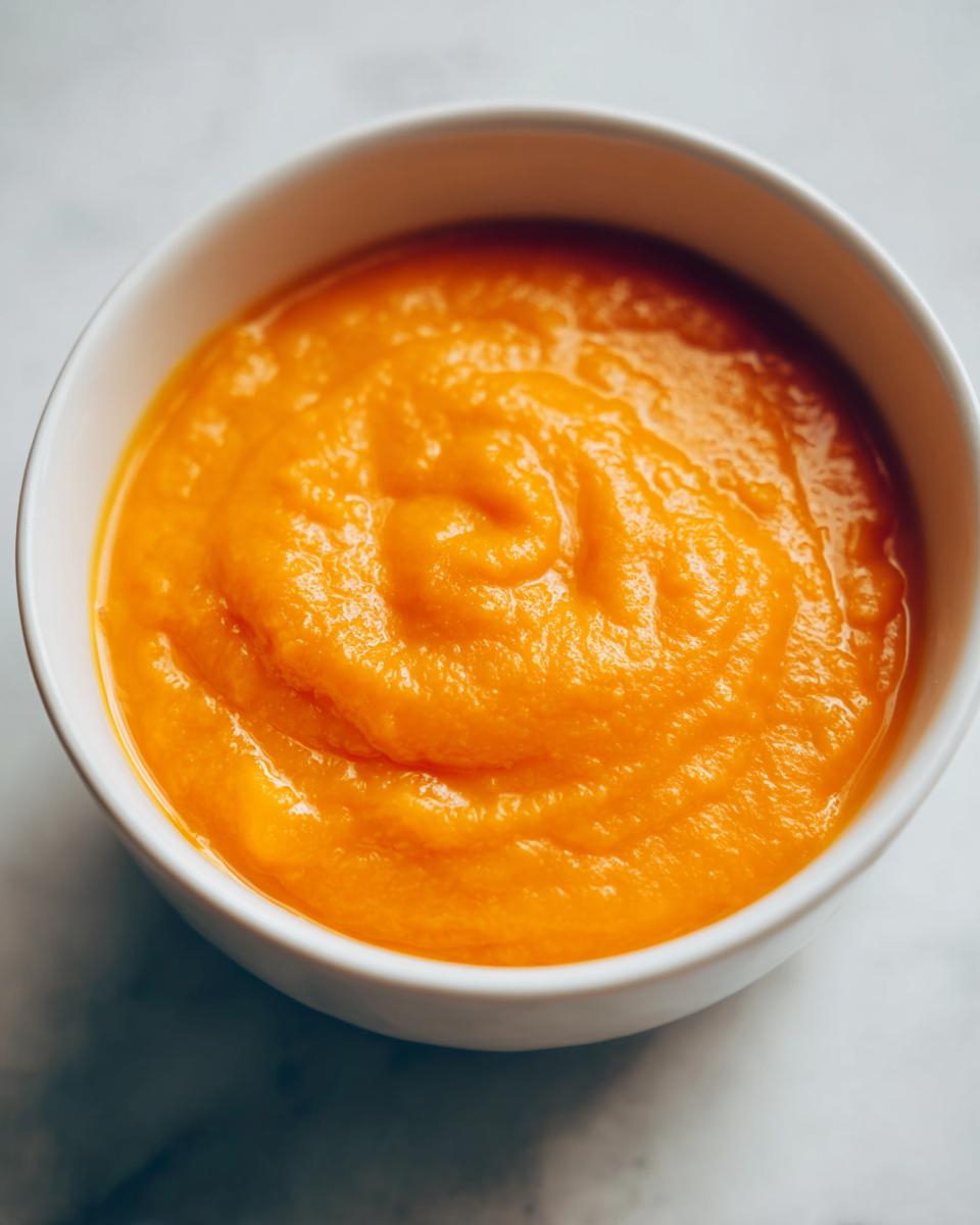Close-up of thick, vibrant orange squash soup swirled in a white bowl.